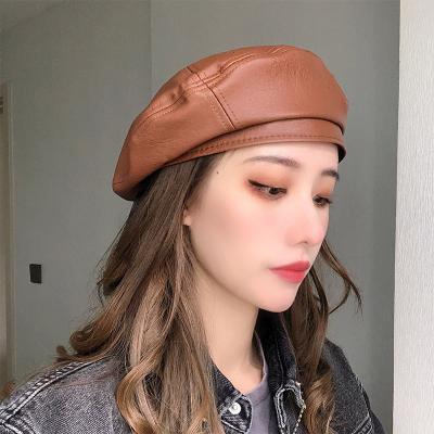 China New Casual Wholesale Women Spring Berets Hat Solid Color Pu French Artist Autumn Leather Soft Stylish Beret for sale