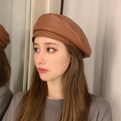 China New Women's PU Lady Beret Solid Color Beret Spring Casual Hot Selling Soft Berets Elegant Soft Woman Material for sale