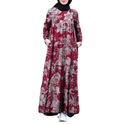 China Muslim spring temperament casual women's cotton protecting long-sleeved round neck and large swing dress production for sale