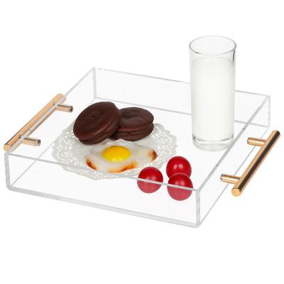 China Hotel Restaurant VONVIK Home Clear Acrylic Serving Tray With Metal Handles 10x10 Inch Spillproof Decorative Storage Acrylic Organizer Tray for sale