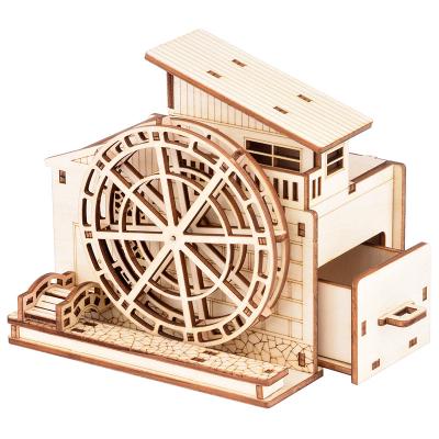 China Improve House Manual Wholesale Wooden Puzzle Waterwheel Child's Creative Assembling 3D Music Pen Box Toys for sale