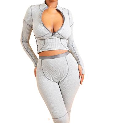 China Antibacterial Seamless Casual Crop Zipper Long Sleeve Sports Top Set Women Gaiters Set Women High Waist Sports Set for sale