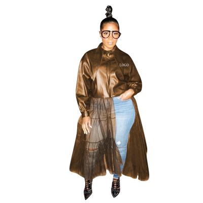 China Plus Size Border Women's Clothing Solid Color PU Zipper Leather Jacket Mesh Stitching Jacket Leather Jacket for sale