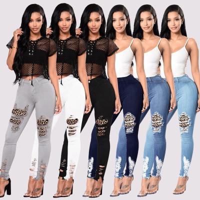 China Other High Waist WJ171 Fashion Jeans Women Multi Color Skinny Leopard Patches Destroyed Jeans Women for sale