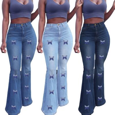 China Other high waist WJ170 fashion jeans women flared jeans butterfly print plus size flare jeans women for sale