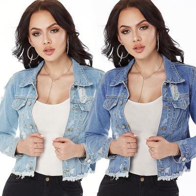 China WH019 fashion lady lattice jacket womens destroyed sleeve windproof denim jacket long outwear short coat denim jacket women for sale