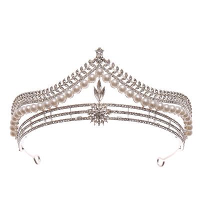 China Fashion High End Luxury Korean Pearl Princess Crown Crystal Rhinestone Bride Crown Headpiece Set With Diamond Headband Hairwear Jewelry for sale