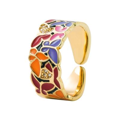 China TRENDY Adjustable Enamel Wide Rings Women Party Fashion Butterfly Leaf Pattern Zircon Rings Gifts Handmade Jewelry for sale