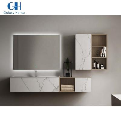 China Modern Stylish Modern Hotel Furniture Wall Mounting Type Bathroom Cabinet Vanity With LED Mirror for sale