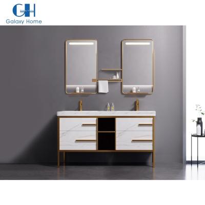 China Modern High Quality Square Double Mirror White Bathroom Vanity Cabinet With Gold Stainless Steel Legs for sale