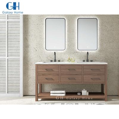 China 2022 Hot Sale Modern Marble Countertops Floor Standing Solid Wood Double Sink Bathroom Cabinet With Smart LED Light for sale