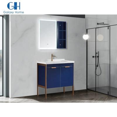 China Factory direct sale modern navy blue feet vertical bathroom cabinet with led mirror for sale