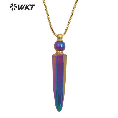 China WT-N1281Wholesale Romantic Gold Titanium Plated Blue Crystal Rainbow Quartz Perfume Bottle Necklace For Essential Oil for sale