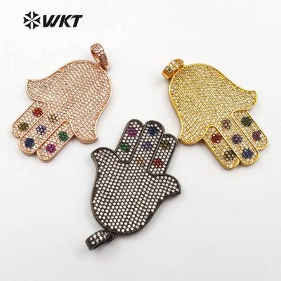 China Beautiful Delicate MP099 WKT Hamsa Hand Shape Zircon Pave Tasty Gift Bohemia Charm Good Luck Necklace Pendant Women Pendant for sale