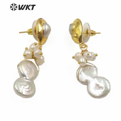 China New Design BOHEMIA WT-MPE018 Real Natural Freshwater Pearl Earring Gold Plated Elegant Jewelry Pearl Earring for sale