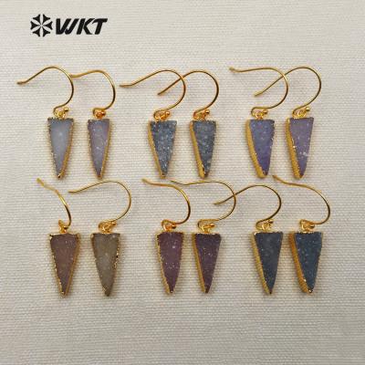 China WT-E388 WKT Elegant Wholesale New Fashion Dangle Earring Wire 24k Gold Plated Triangle Agate Druzy Earrings for sale