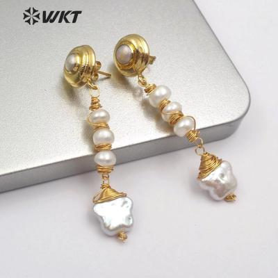 China WT-E554 Bohemia Women Jewelry Gold Easy Matching Wire Around Pearl Earrings Freshwater Pearl Earrings for sale