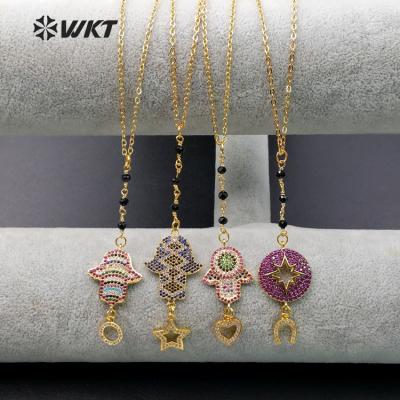 China WT-MN911Hollow Brass Dangle Necklace CZ Micro Pave 24K Gold Plated Fashion Necklace Women Wholesale Hollow Necklace for sale