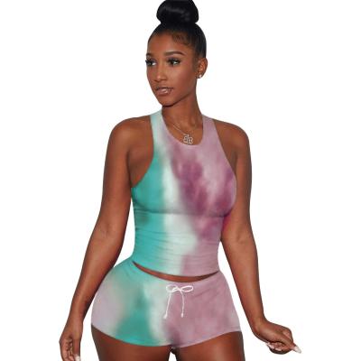 China 2020 New Summer Women Breathable Casual 2 Piece Sports Tie Dye Print Crop Top Bodycon Plus Size Short Pants Set for sale