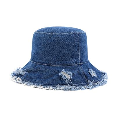 China Sale Two Color Holiday Resort Cotton Jeans Fashion Women Striped Hot Lady Stylish Sun Hat Distressed Bucket Outdoor Traveling Hat for sale