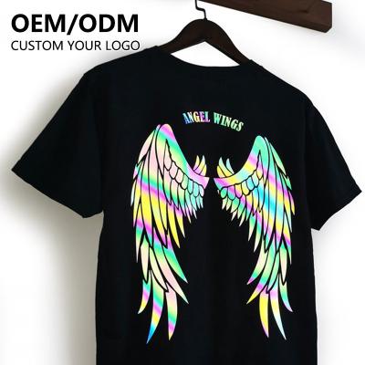 China Anti-Wrinkle Amazon Top Selling Rainbow Luxury Reflective T-shirt Custom Heat-transfer Printing Colorful Light Irradiation Reflection T-shirt for sale