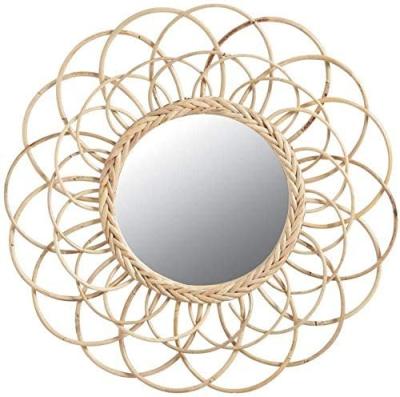 China Home Rustic Handmade Craft Flower Shape Round Circle Wood Frame Rattan Wall Decorative Woven Mirror for sale