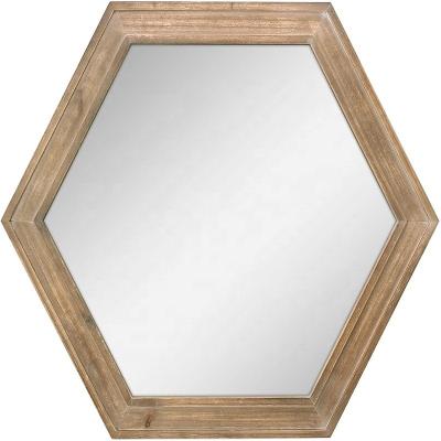 China Europe Wood Frame Wall Mirror Antique Decorative Hexagon Hanging Vintage Classic Wood Antique Mirror for sale