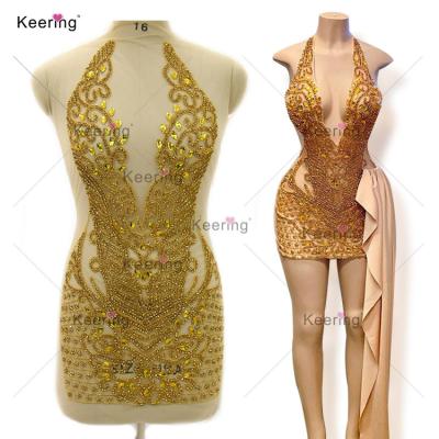 China 2022 Keering Flatback WDP-395 Fashion Designer Girls Crystal Rose Gold Panel Wedding Rhinestone Applique Gold for sale