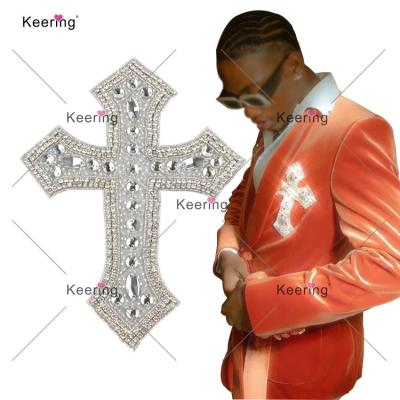 China Flatback WRA-844 Keering Easy To Apply Iron On Cross Rhinestone Applique For Men's Dress Garment for sale