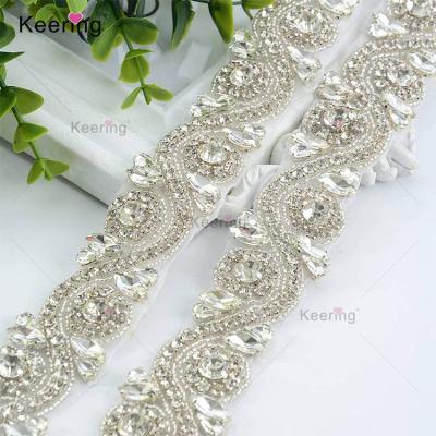 China Flatback Fashion Rhinestone Applique Trim With Rhinestone Beads For Bridal WRA-925 for sale