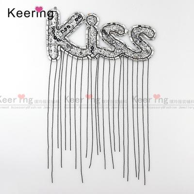 China hot fix 3D rhinestone applique patches beaded letter fringe patches WRPA-454 for sale