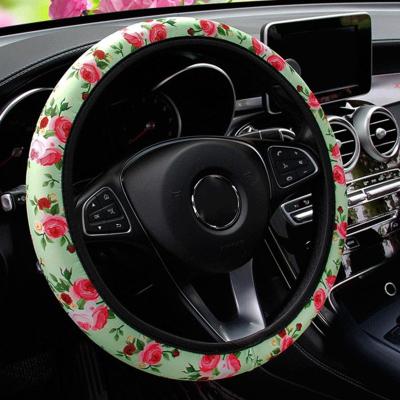 China Brief & Simple Color Universal Leather Auto Car Wheel Cover Anti Slip Rose Flower For Women Girls Steering Ladies for sale