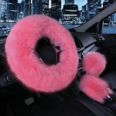 China Brief & 3PCS Single Color Fur Steering Wheel Cover Set Real Sheepskin Auto Plush Fuzzy Car Accessories Fluffy Warm For Women Girl for sale