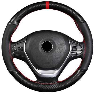 China Feel Comfortable 37-38CM Carbon Crystal Fiber +Microfiber Leather Red Brand DIY Hand-stitched Car Steering Wheel Cover for sale