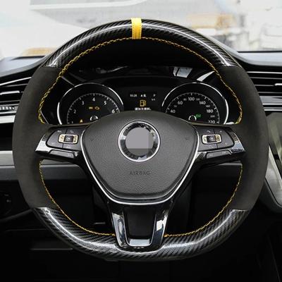 China Four Seasons General Purpose Soft Black Suede Car Black Fiber Hand-stitched Carbon Steering Wheel Cover for sale