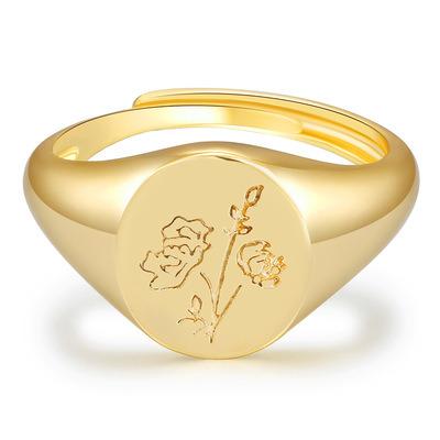 China Fashionable Environmentally Friendly Ring Adjustable Engraved Birth Month Flower Seal Gold Flower Open Ring For Women for sale