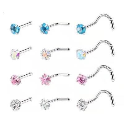 China High Quality L Shaped Straight Zircon Nose Stud Rings Surgical Steel Nose Piercing Ring Stud Body Jewelry for sale