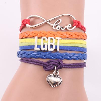 China Comfort Fit New Classic Lyered Braided PU Leather Wristband Sc LGBT Pride Rainbow Heart Drop Bracelet For Women Men for sale