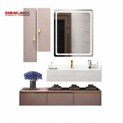 China Modern Hotel Bedroom Shangju Wall Mount White Marble Mirror Make Up Bamboo Plywood Bathroom Cabinet for sale