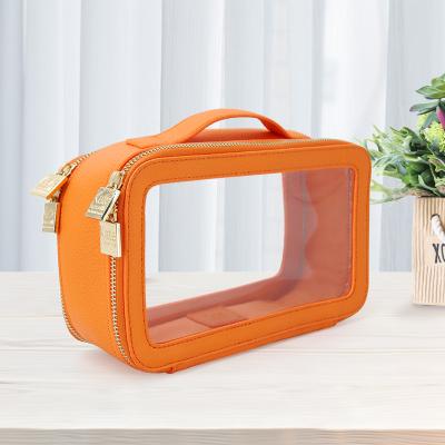 China Fashion Waterproof PVC Leather+Polyester Women Travel Small Portable Clear Daisy Storage Wash Arrangement Cosmetic Zipper Bag for sale