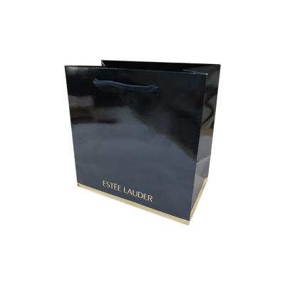 China Recycled Materials Black Color Print Paper Shopping Bag With Glossy Laminate Paper Bag for sale