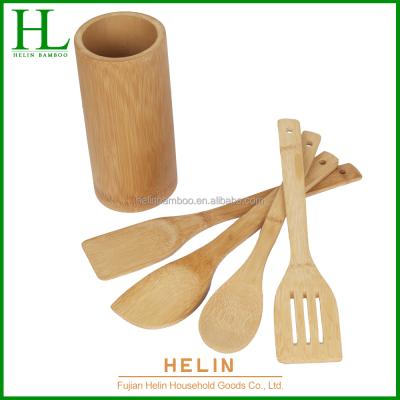 China Sustainable 4 Pieces Bamboo Kitchen Utensil Set / Utensil Set With Round Rack for sale