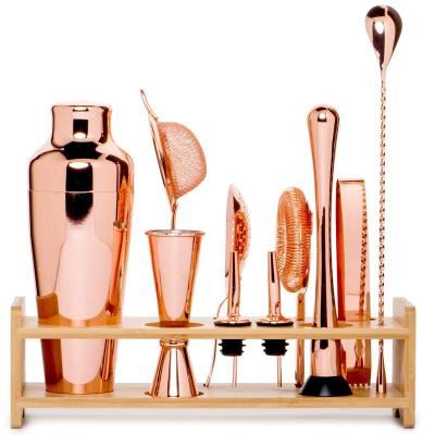 China Viable Martini Bartender Kit Copper Coated Rose Gold Stainless Steel Bar Set with Bamboo Rack for sale