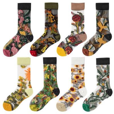 China XY-0001 Fate Women Antibacterial Socks For Summer Lady Ultra-Thin Transparent Socks Flower Design for sale