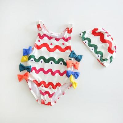 China Wholesale Anti-UV Girls Swimsuit Swimwear One Piece Wave Bars Swimsuits With Bowknot Kids Rainbow Swimsuits for sale