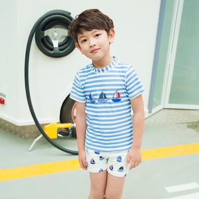 China Anti-UV Boat Print Boys Short Sleeve Two-pieces Fashion Striped Kids Summer Swimwear With Hat for sale