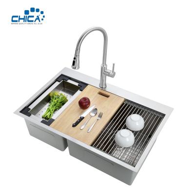 China With Faucet 2020 Stainless Steel Kitchen Sink Double Bowl Handmade Kitchen Sink With Faucet for sale