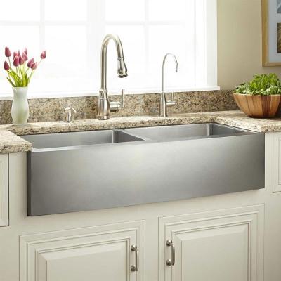 China Without Faucet New Design Double Bowl Farmhouse Kitchen Handmade 304 Steel Bar Apron Stainless Steel Sink With Drainer for sale