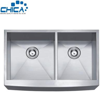 China Without Faucet Wholesale Price Stainless Steel Handmade Apron Front Double Bowl Kitchen Sink For Farmhouse for sale