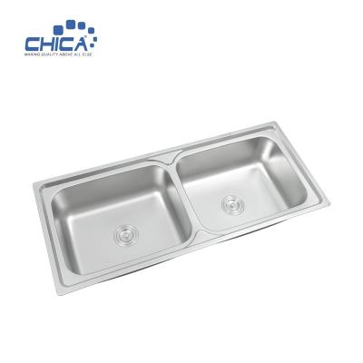 China Faucetless Customized 304 Stainless Steel Press Kitchen Basin Rectangular Sink With Double Tanks for sale